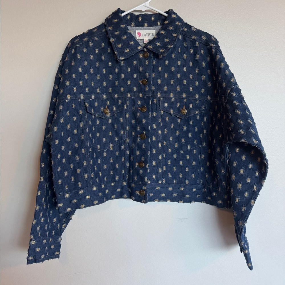 L’ATISTE by Amy Distressed Denim Crop Jacket NWT Glitter Gold Metallic Blue L
